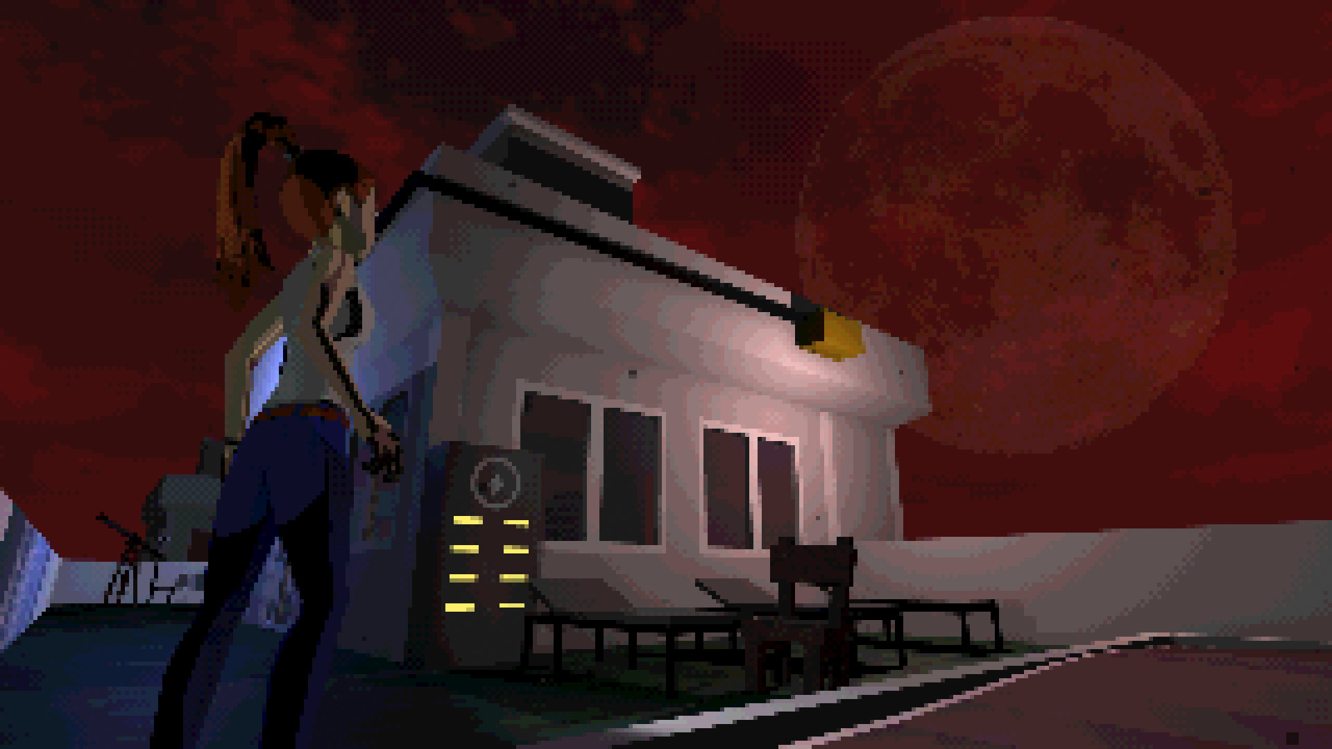Amy outside a columned campus building beneath a red sky