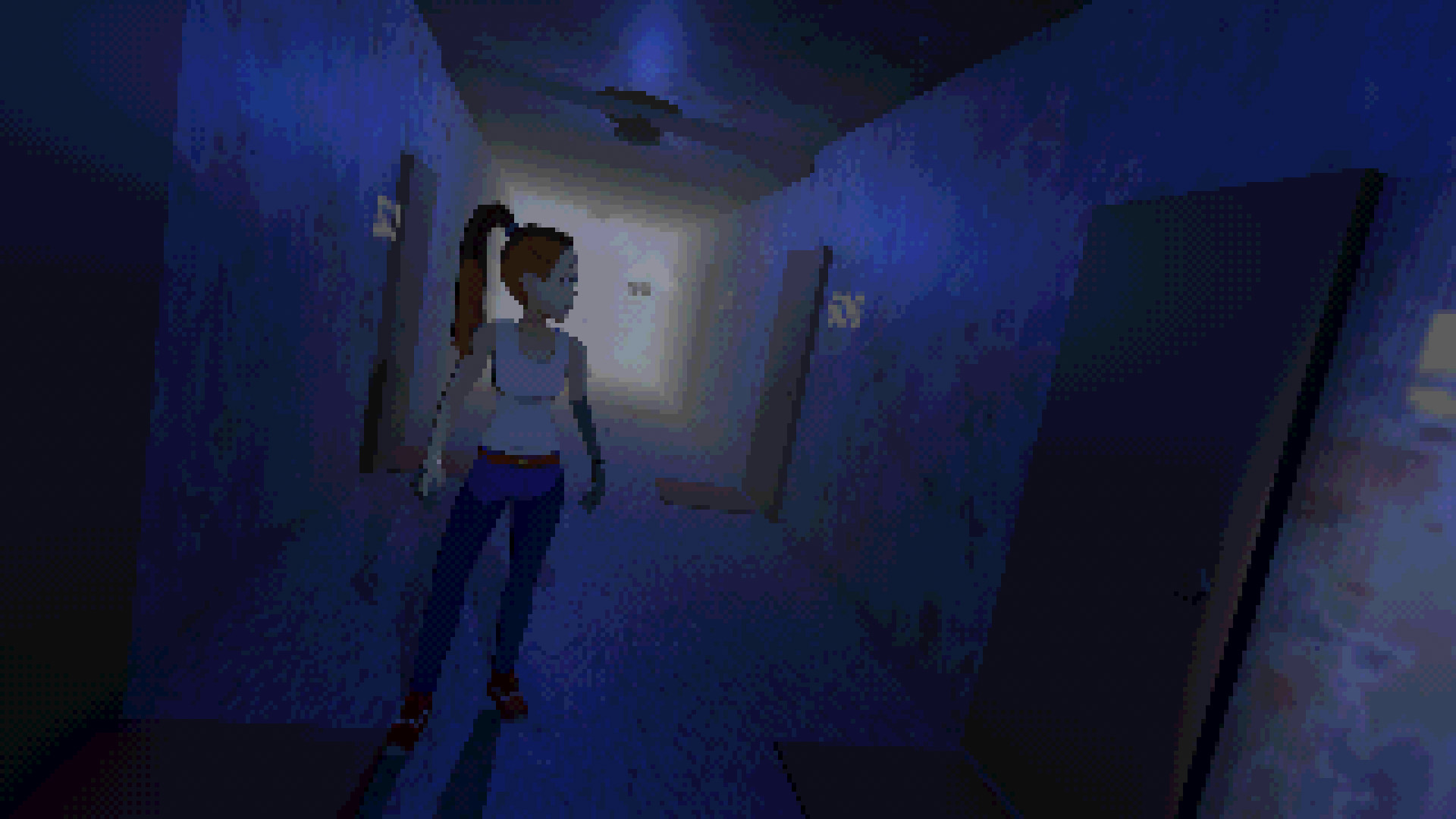 Amy explores a dim blue hallway with a door standing open