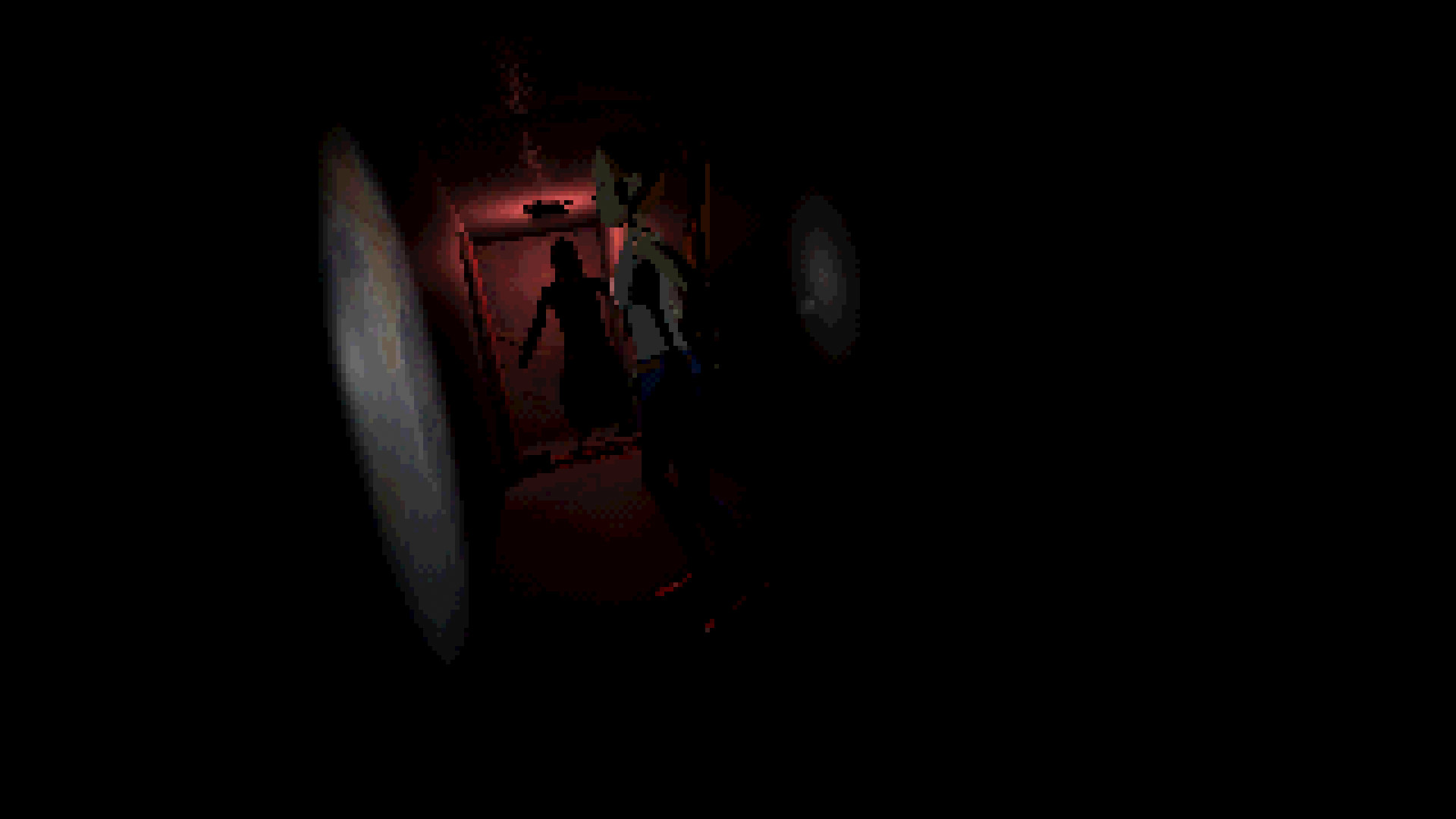 A shadowy figure approaches Amy in a dark, red-lit corridor