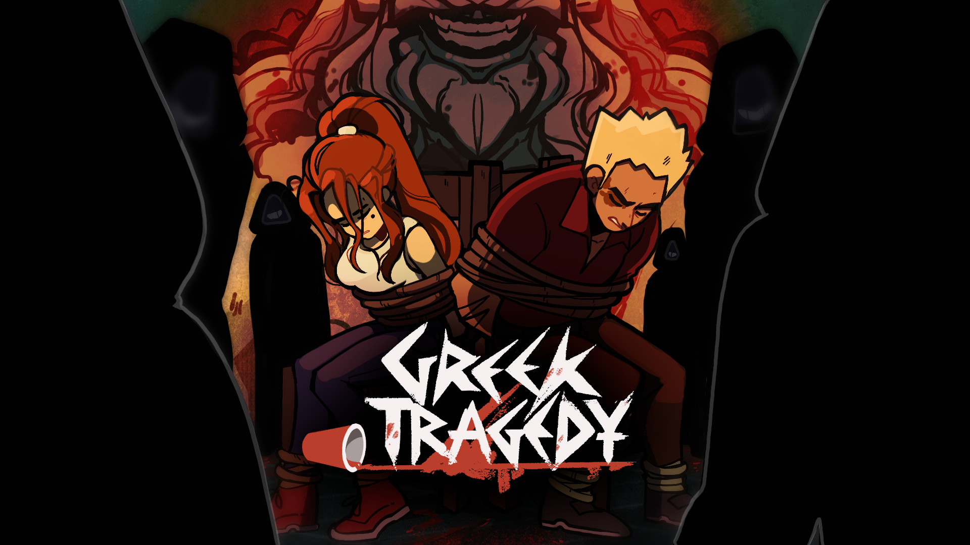 Greek Tragedy artwork: two students held captive beneath an ominous figure