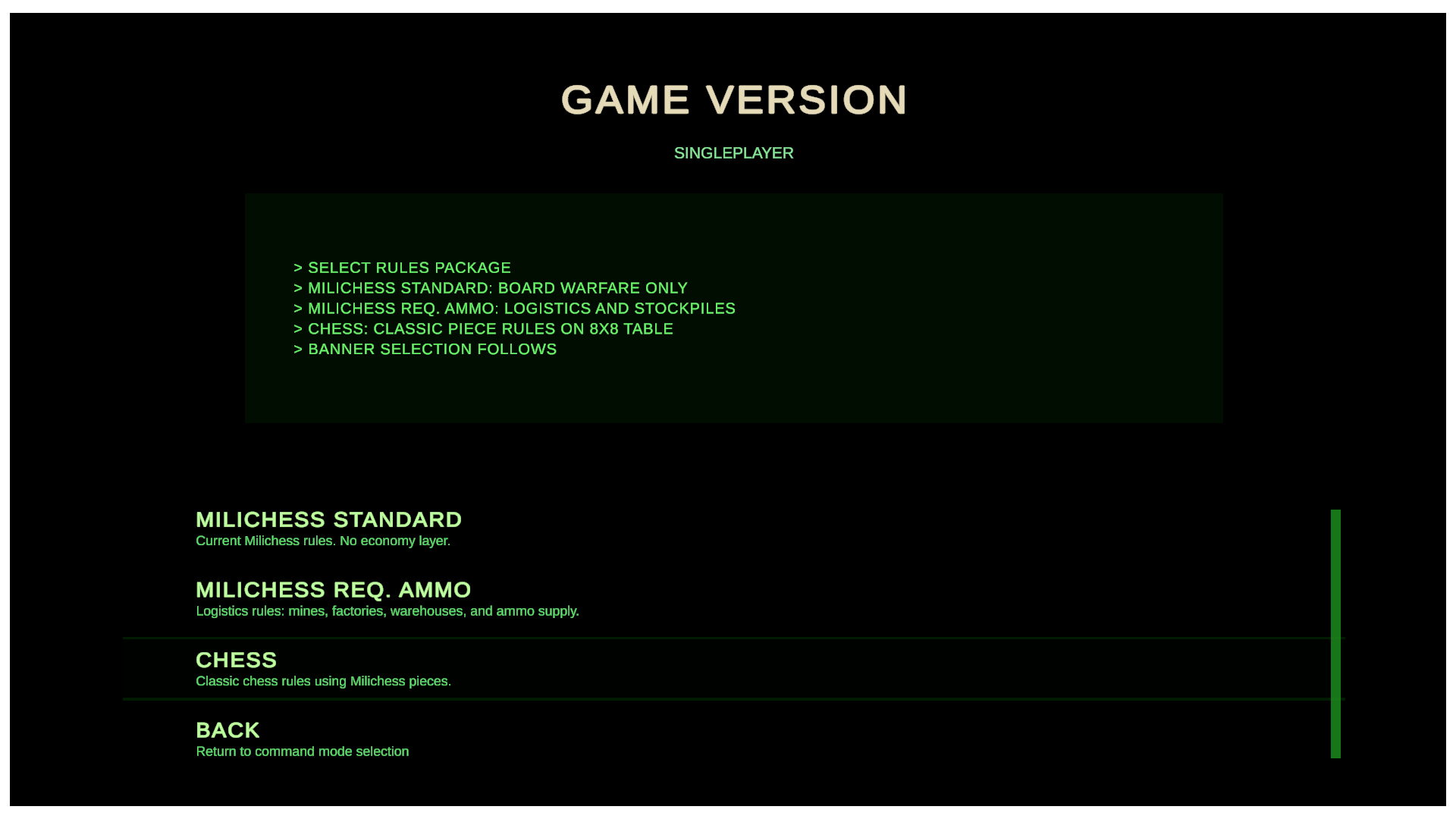 MiliChess three game modes screen